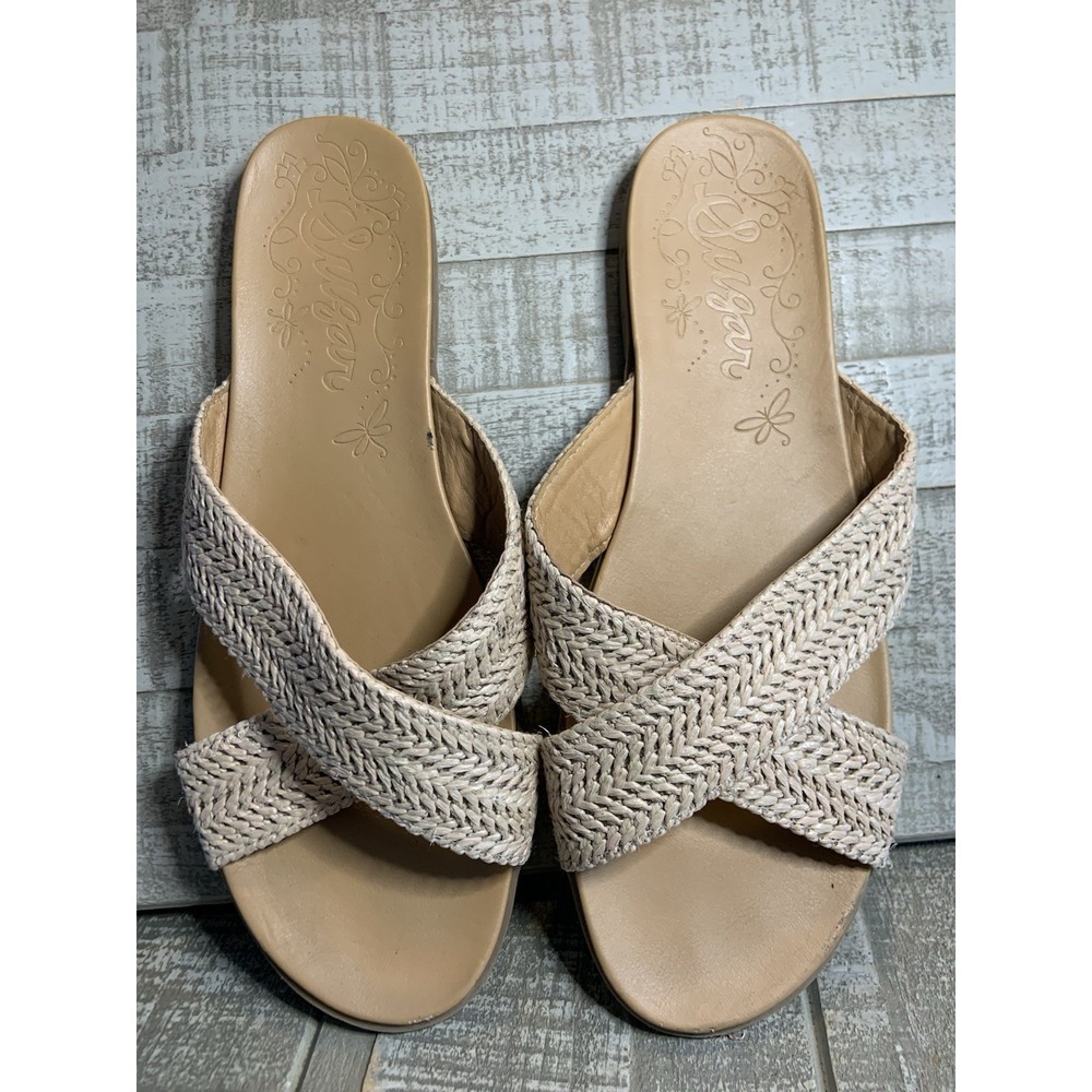 Sugar Zesty Slide Sandals Tan Brown Two Cross Straps Flat~ Women's Size 9